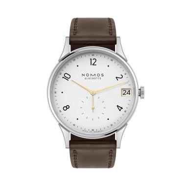 Handaufzug, Damen- und Herrenuhr, NOMOS Glashütte Minimatik 39 Datum Gold