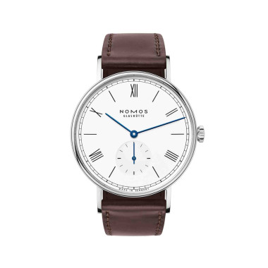 Damen- und Herrenuhr, Handaufzug, NOMOS Glashütte Ludwig 38 emailleweiß